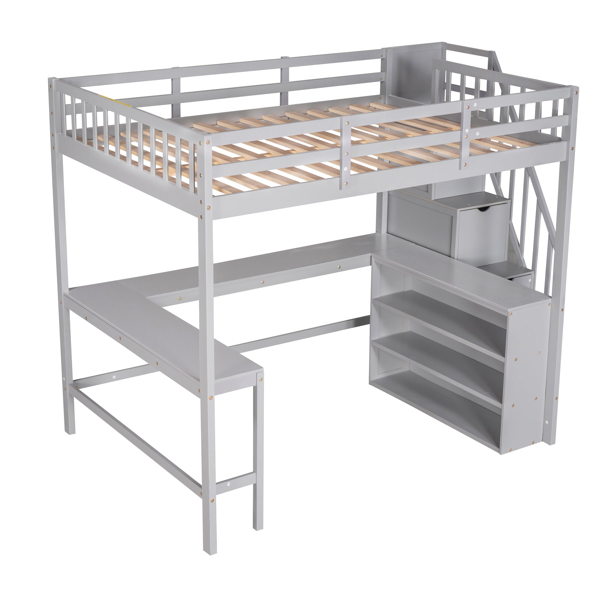 Wood Full Loft Bed with Desk, Shelf and Storage Staircase for Kids, Gray