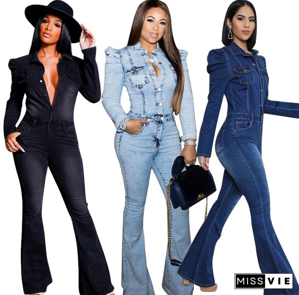 Winter Women Skinny Full Sleeve Denim Flare Jeans Jumpsuit