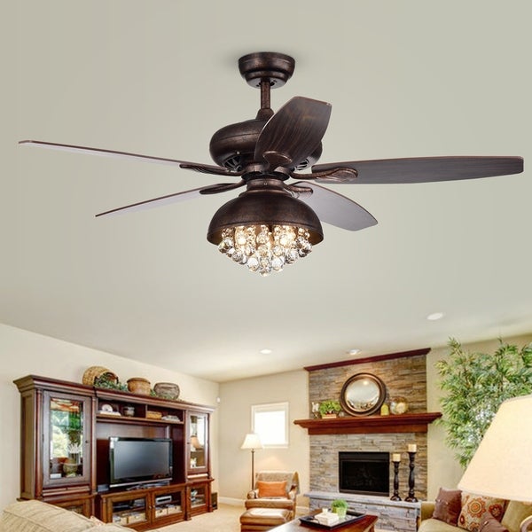 Fredix 5-Blade 52-Inch Speckled  Bronze Ceiling Fan with Hooded Crystal Chandelier (Remote Controlled and 2 Color Option Blades) Shopping - The Best Deals on Ceiling Fans | 27775531