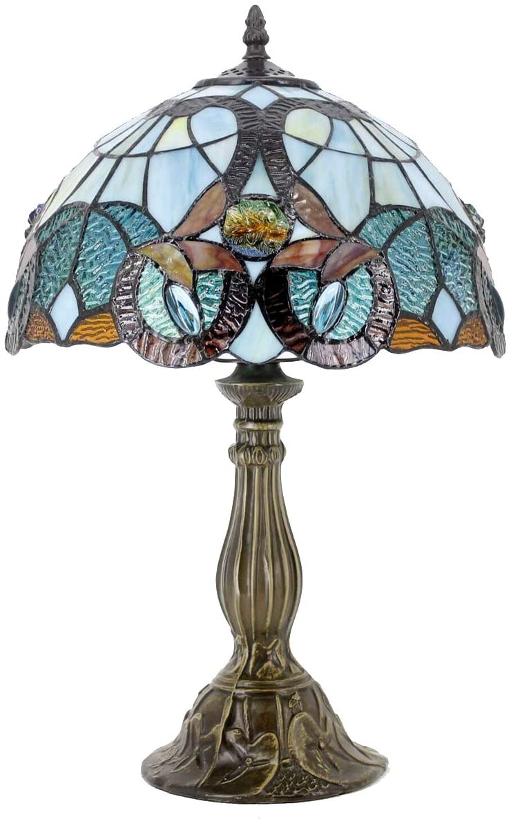 SHADY  Table Lamp Stained Glass Bedside Lamp Green Blue Floral Desk Reading Light 12X12X18 Inches Decor Bedroom Living Room Home Office S802 Series