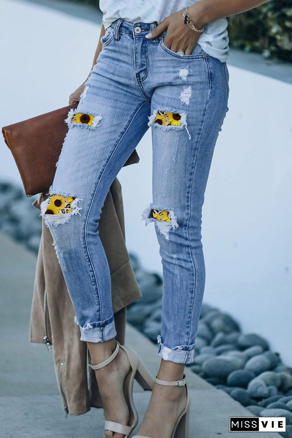 Sunflower Patchwork Distressed Ankle Length Skinny Jeans