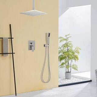 Satico 2-Spray Patterns with 2.5 GPM 12 in. Ceiling Mount Rainfall Dual Shower Heads with Hand Shower Faucet in Brushed Nickel 12SN6006