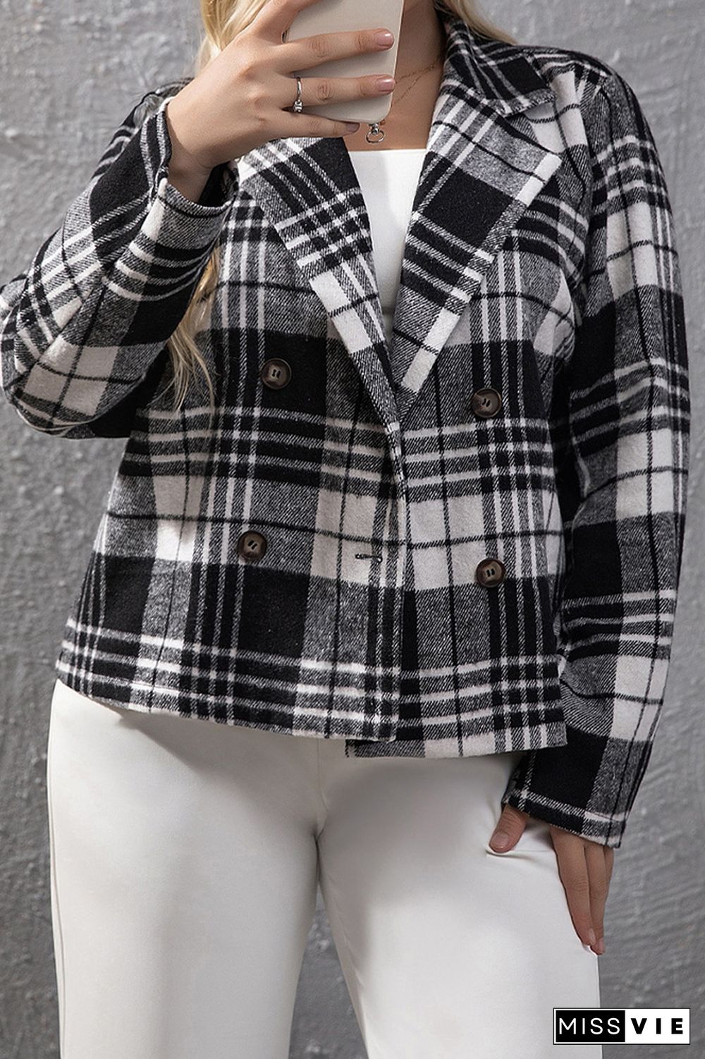 Plaid Lapel Collar Short Length Plus Size Jackets