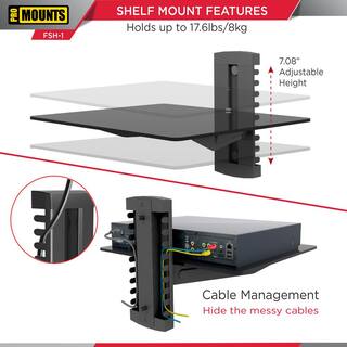 ProMounts Heavy-Duty Single AV Wall Shelf for cable box or game consoles. Fully assembled. Easy install. Supports up to 18 lbs. FSH1