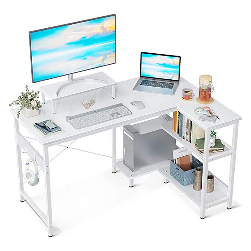 ODK 47 Inch Compact L Shaped Desk with Storage Shelves and Monitor Stand， White