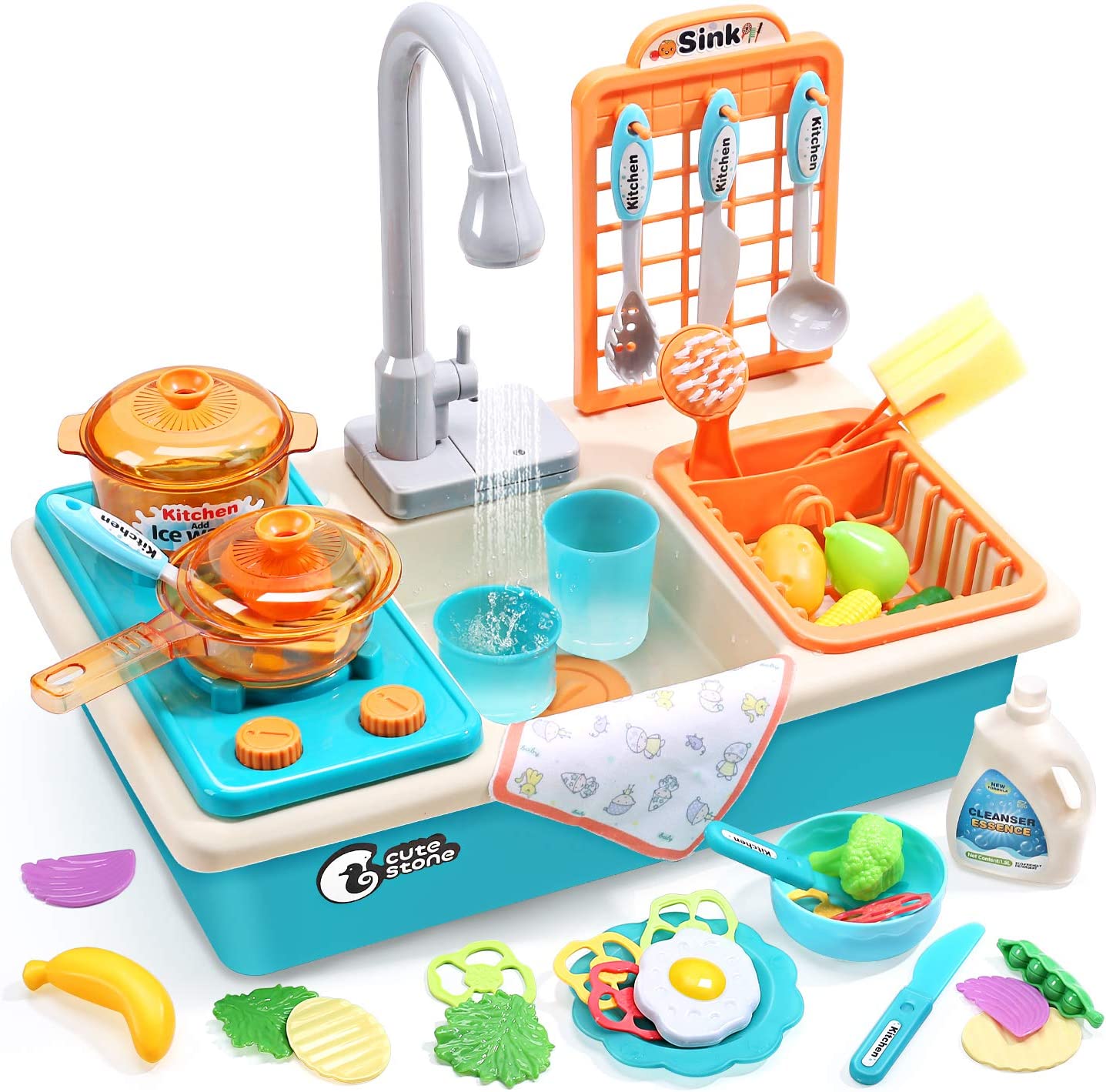 CUTE STONE Play Kitchen Sink Toys with Upgraded Real Faucet， Play Cooking Stove， Cookware Pot and Pan，Play Food， Color Changing Dishes Accessories for Boys Girls Toddlers