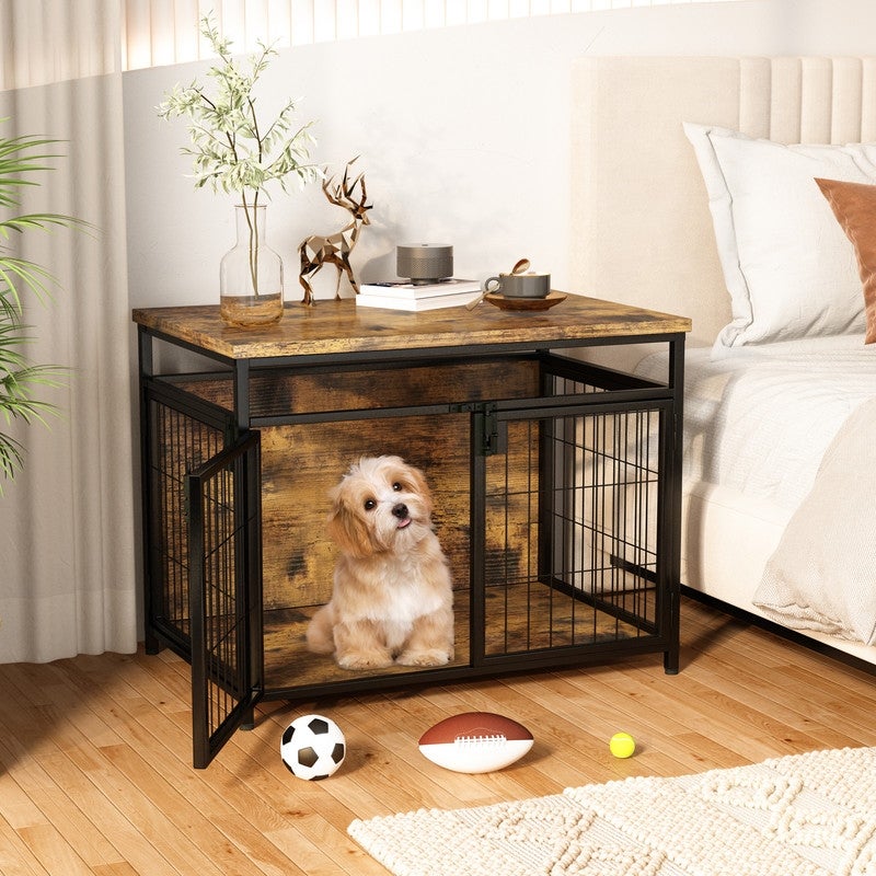 Grondin Rustic Industrial Style Wooden Dog Crate Dog Kennel with Three Lockable Doors， Indoor Pet Furniture Dog House End Table