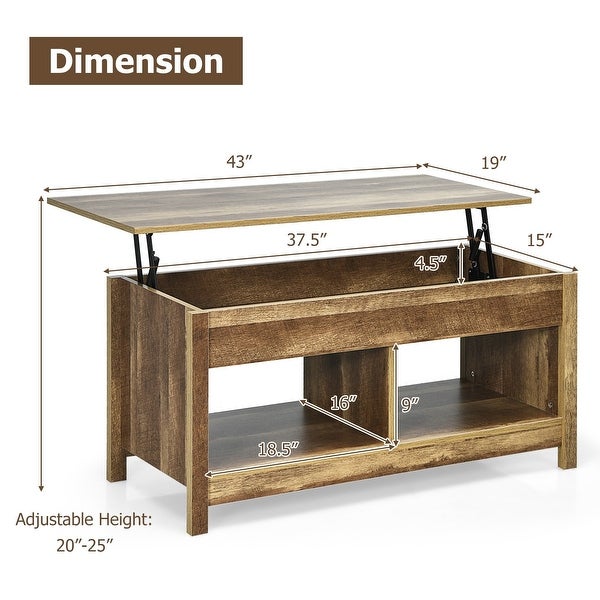 Lift Top Coffee Table with Hidden Storage Compartment and Lower Shelf for Study Room - 43'' x 19'' x 20'' (L x W x H)