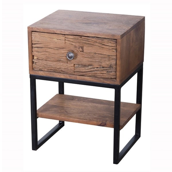 22 Inch Bedside Table Nightstand， Mango Wood， Metal， Natural Brown， Black - - 36884193