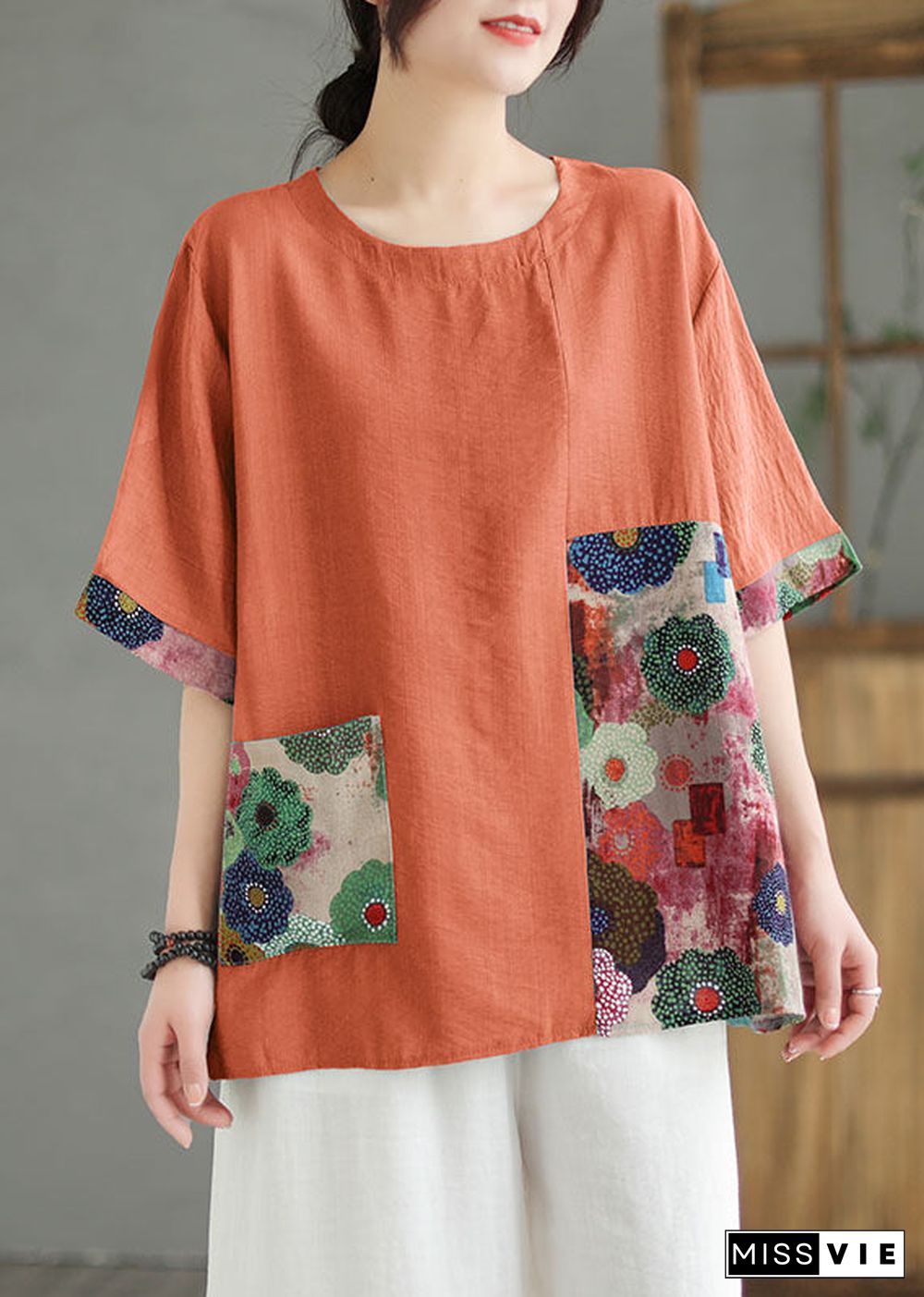 Women Print6  O Neck Print Patchwork Linen T Shirt Top Summer