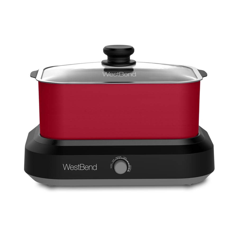 West Bend 5 qt. Red Non-Stick Versatility Slow Cooker with 5-Temperature Settings Includes Travel Lid and Thermal Tote