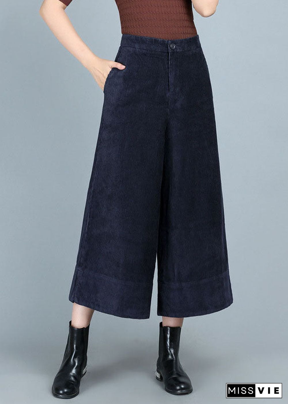 Chic Blue Pockets Button Straight Fall Pants