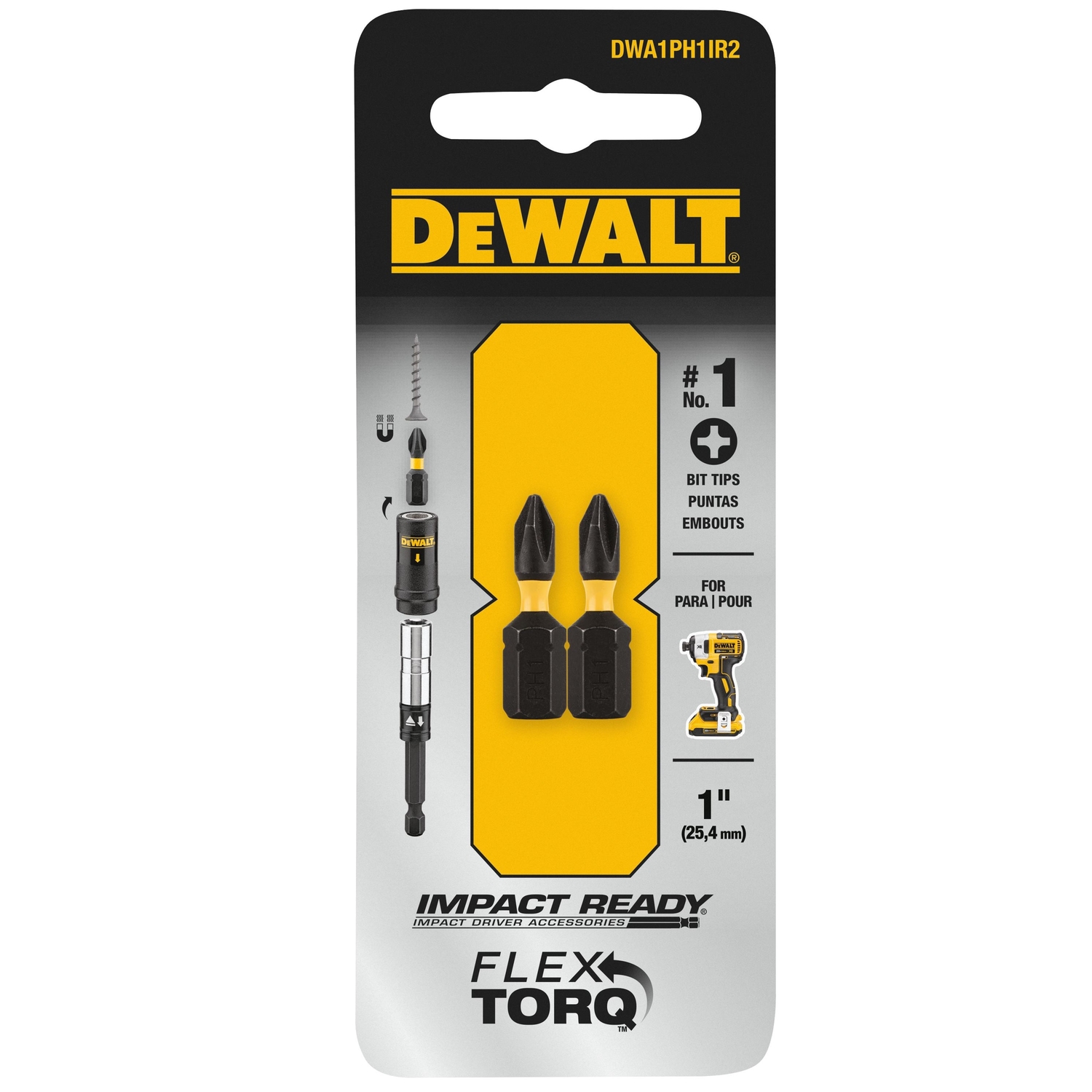 DW Impact Ready Phillips #1 X 1 in. L Screwdriver Bit Black Oxide 2 pc