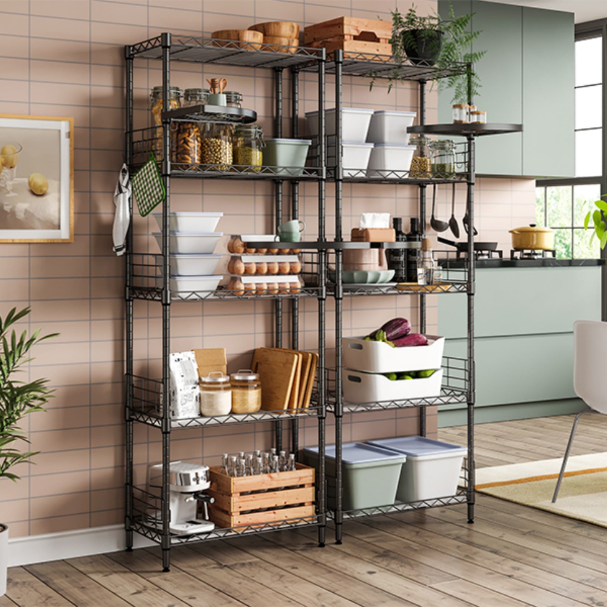 LINSY HOME 5 Tier Wire storage shelves with 2 Rotatable Shelves,Height Adjustable Shelf Rack with 5 Hooks for Garage Bedroom Bathroom-59.1