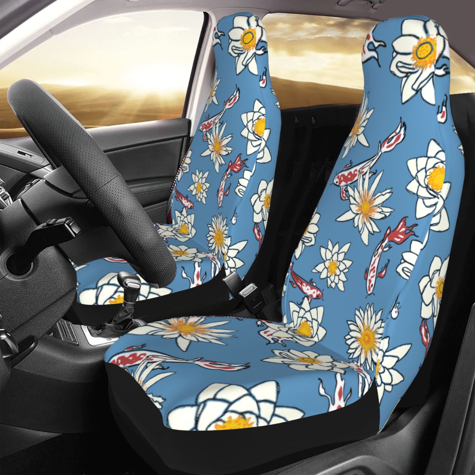 TEQUAN Front Seat Covers， Japanese Koi Pattern 2 Piece Car Seat Cover Fit Most Car SUV Truck Van