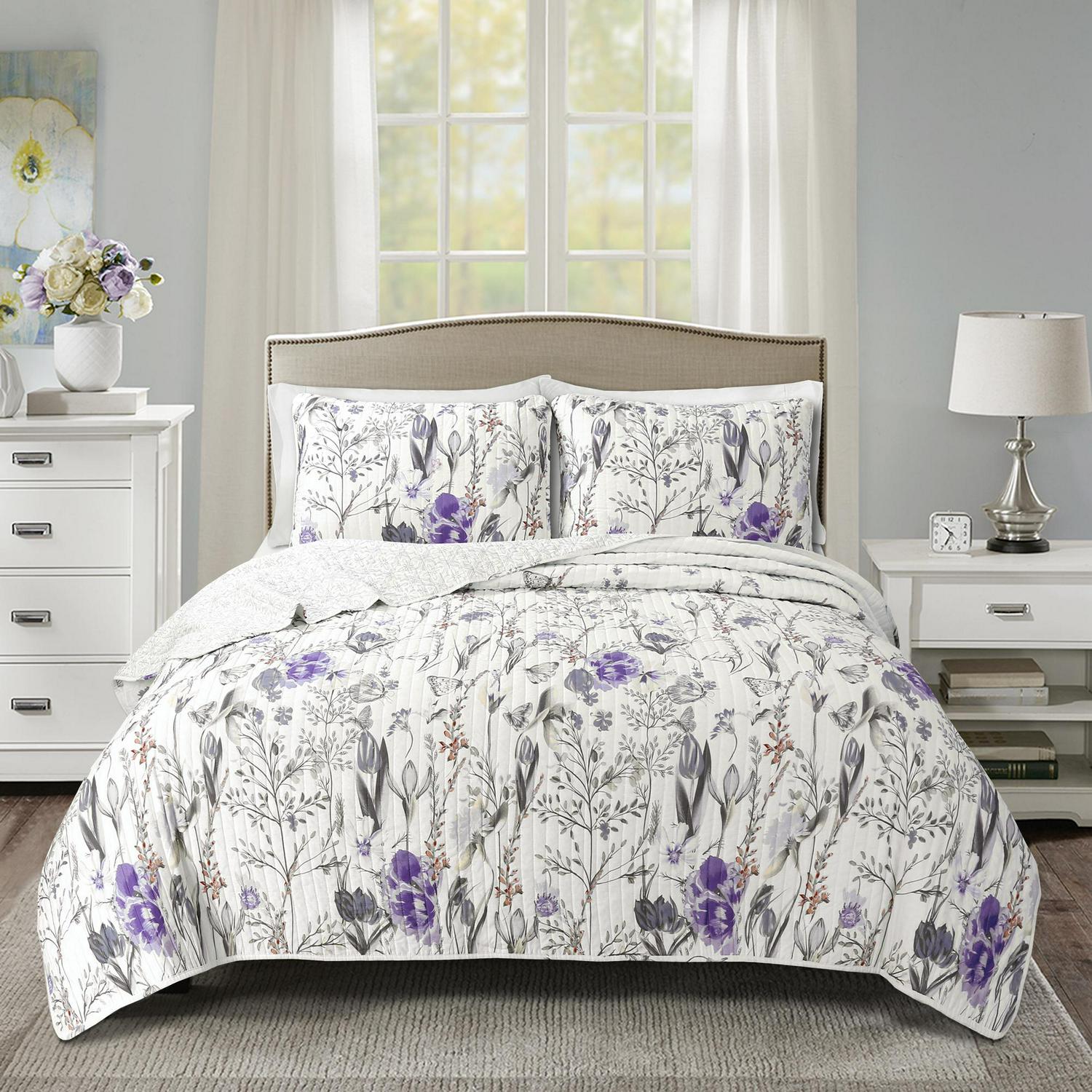 Lush Decor Adalia Floral Cotton Reversible Quilt， Full/Queen， Purple/Gray， 3-Pc Set