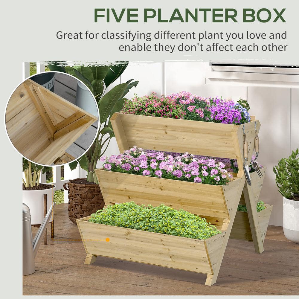 Outsunny Light Brown Wood Raised Garden Bed， Freestanding Planter Stand with 5 Planting Boxes 845-658