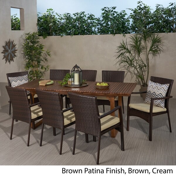 Villa Wood and Wicker 9piece Outdoor Expandable Table Dining Set by Christopher Knight Home