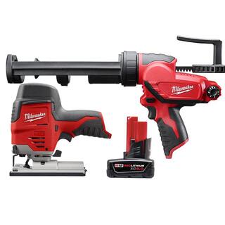 MW M12 12V Lithium-Ion Cordless Jig Saw with M12 10 oz. Caulk and Adhesive Gun and 6.0 Ah XC Battery Pack 2445-20-2441-20-48-11-2460