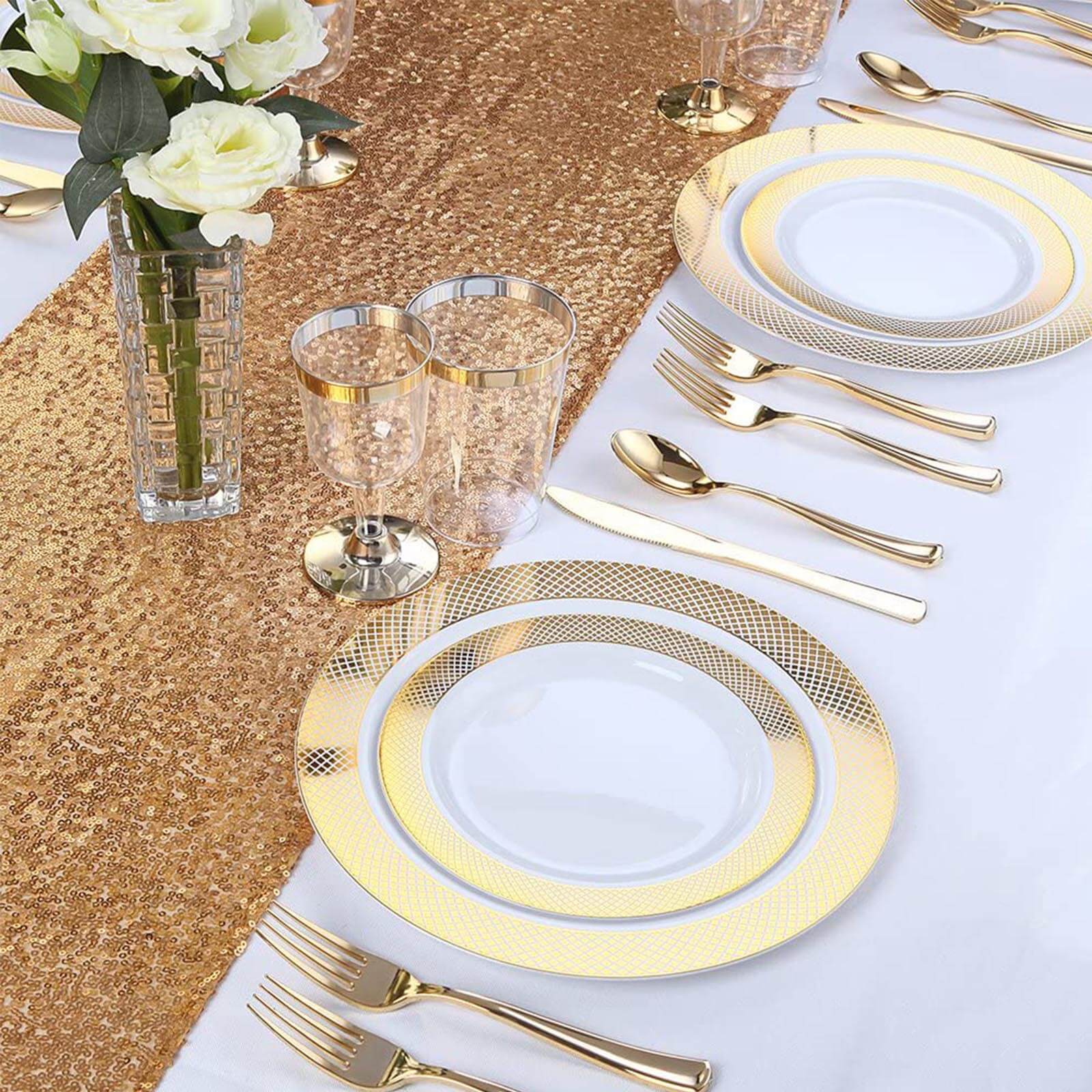 24 Pack Metallic Gold Classic Heavy Duty Plastic Utensil Set, Disposable Silverware 7