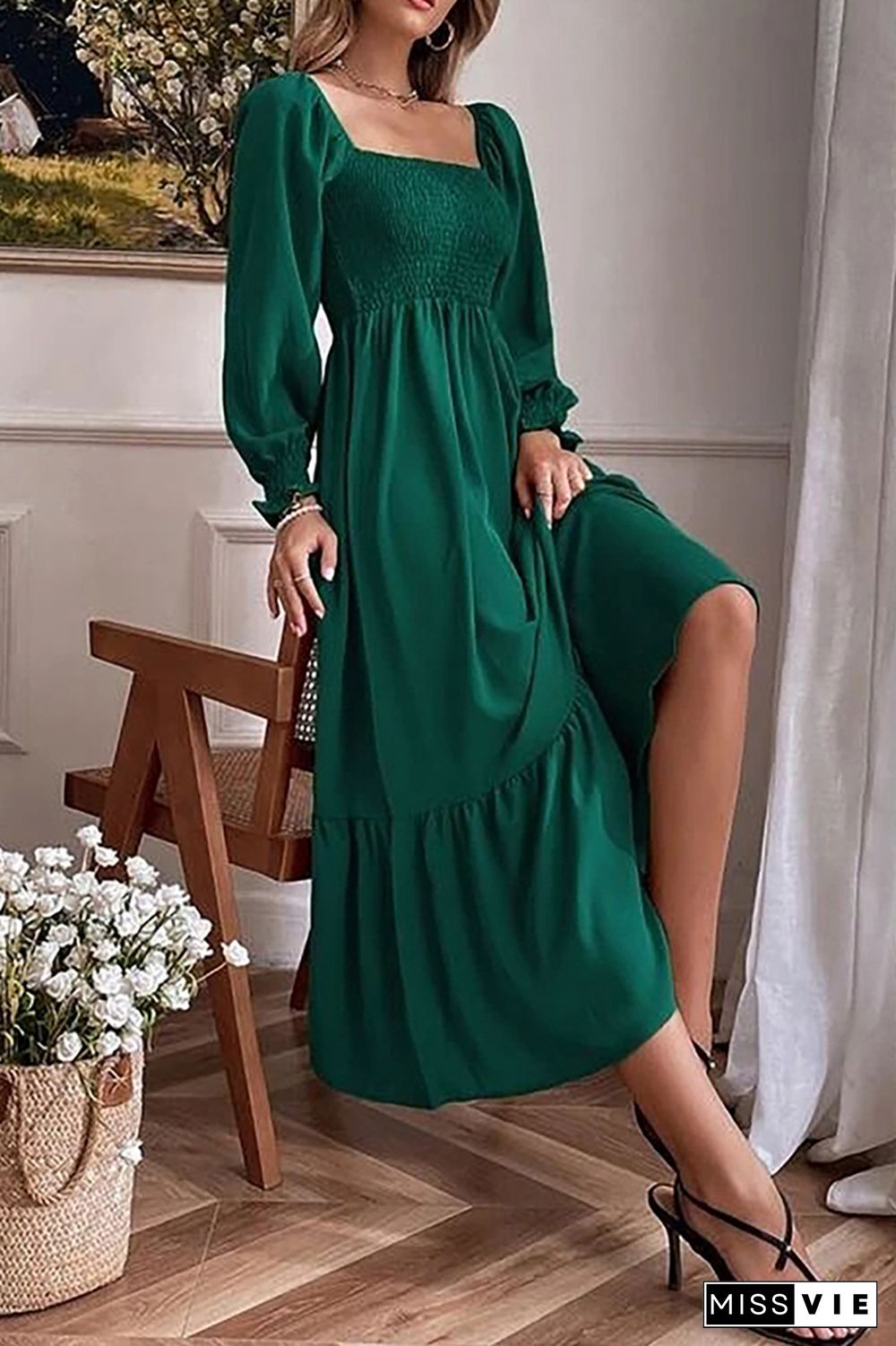 Square Neck Puff Sleeves Ruffle Long Dress