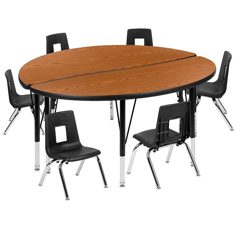 Emma and Oliver 47.5 Circle Wave Activity Table Set with 12 Student Stack Chairs， Grey/Black