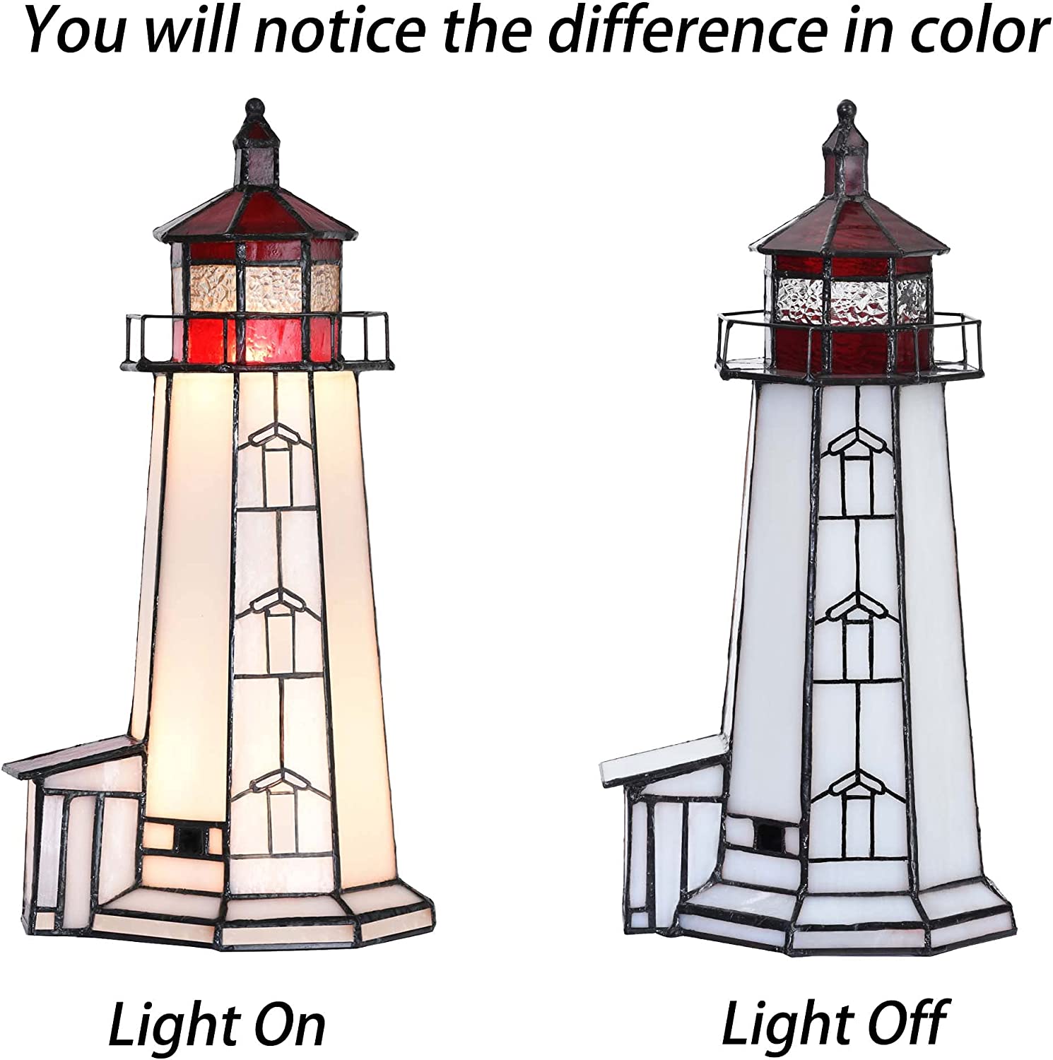 SHADY L10770 Peggy&#39;s Point Lighthouse  Style Stained Glass Accent Table Lamp Night Light  12-inches Tall