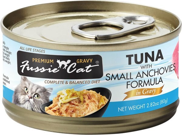 Fussie Cat Tuna with Small Anchovies in Gravy Wet Cat Food， 2.82-oz can， case of 24