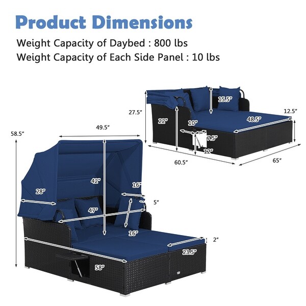 Costway Patio Rattan Daybed Lounge Retractable Top Canopy Side Tables