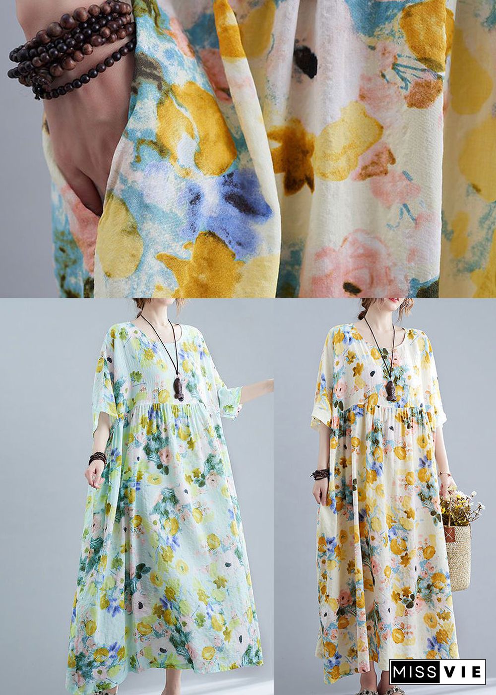 Elegant Green Oversized Print Cotton Maxi Dresses Summer