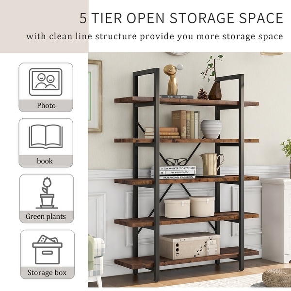 5-tier Bookcase with Wood and Metal Frame， Large Open Bookshelf for