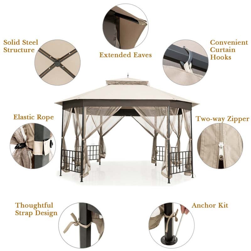 10 x 12 FT Heavy-Duty Octagonal Gazebo with Netting, Outdoor Patio Canopy Gazebo Tent for Event Party BBQ