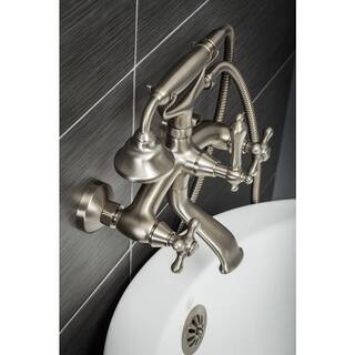 PELHAM  WHITE Vintage Style 3-Handle Wall Mount Claw Foot Tub Faucet with Cross Handles and Handshower in Brushed Nickel PW82511-C-BN