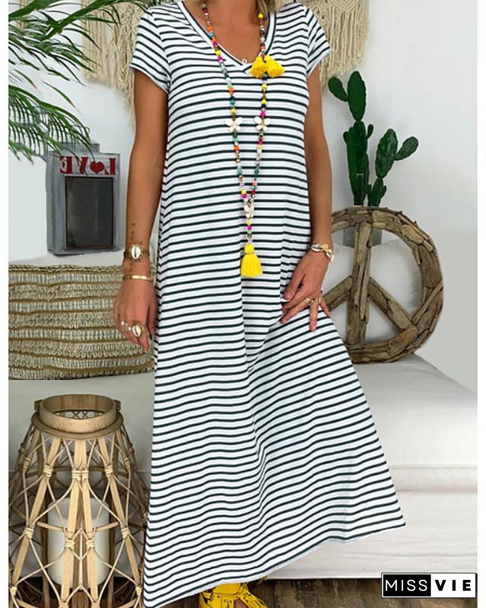 Women's A-Line Dress Maxi long Dress Short Sleeve Striped Summer Hot Casual Chinoiserie  Black S M L XL XXL 3XL