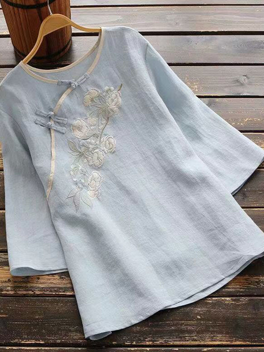 Round Neck Casual Loose Floral Embroidered Short Sleeve Blouse