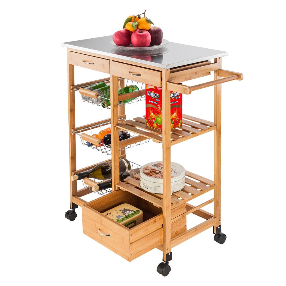 Ktaxon Wood Kitchen Trolley Cart Stainless Steel Top Rolling Storage Cabinet Island