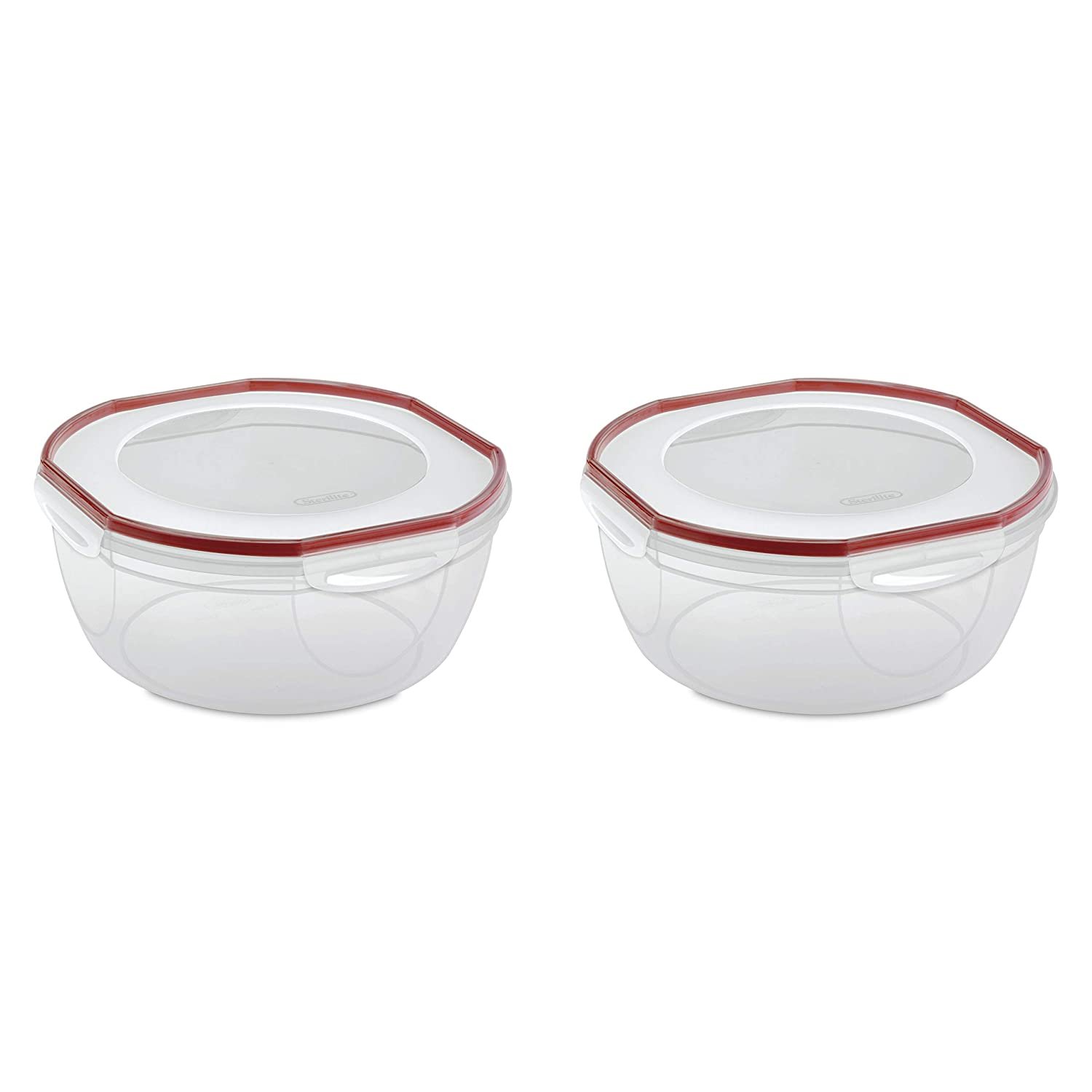 Sterilite Ultra Seal 8.1 Quart Bowl， Clear Lid and Base w/ Red Rocket Gasket， 2-Pack