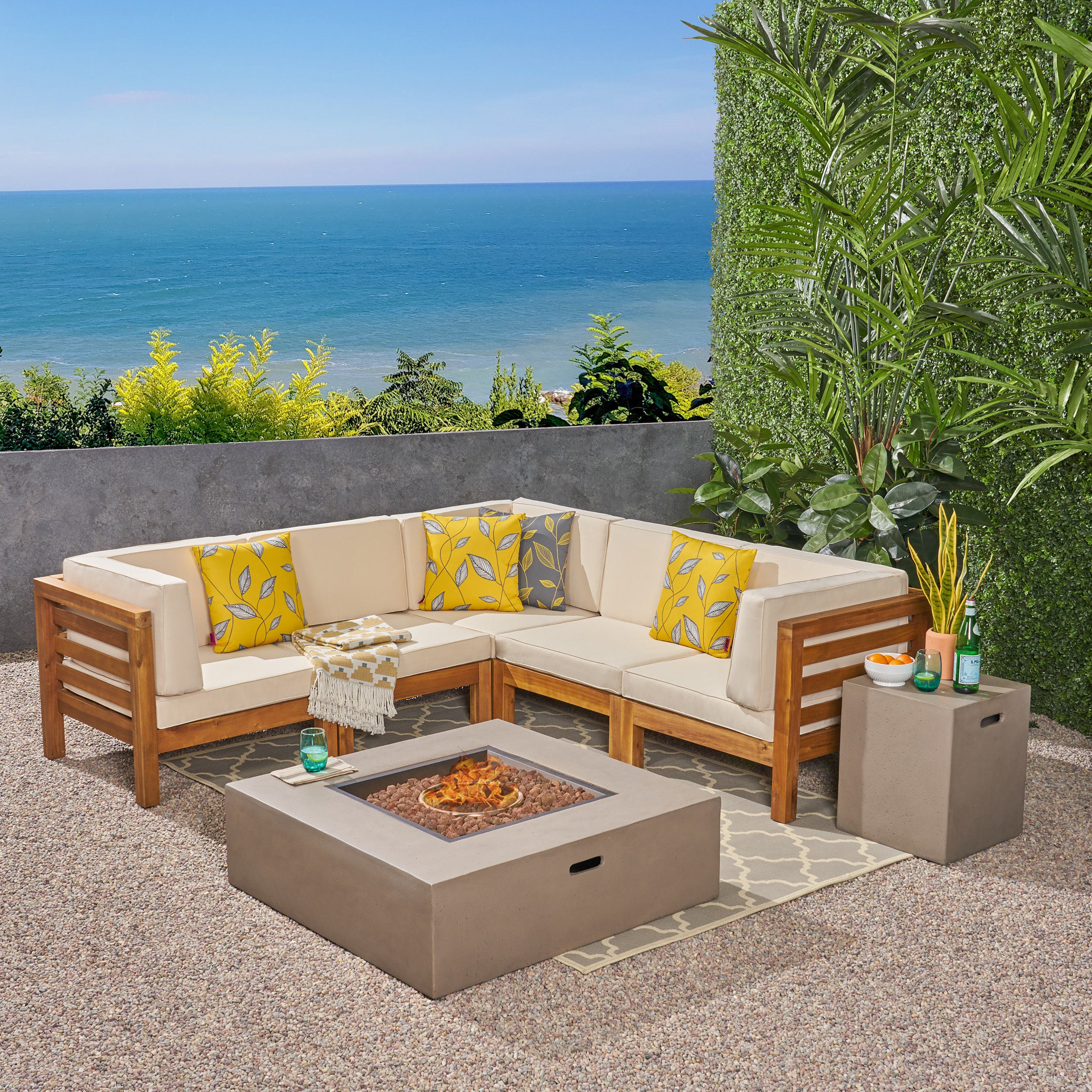 Ravello Outdoor V-Shaped Sectional Sofa Set with Fire Pit