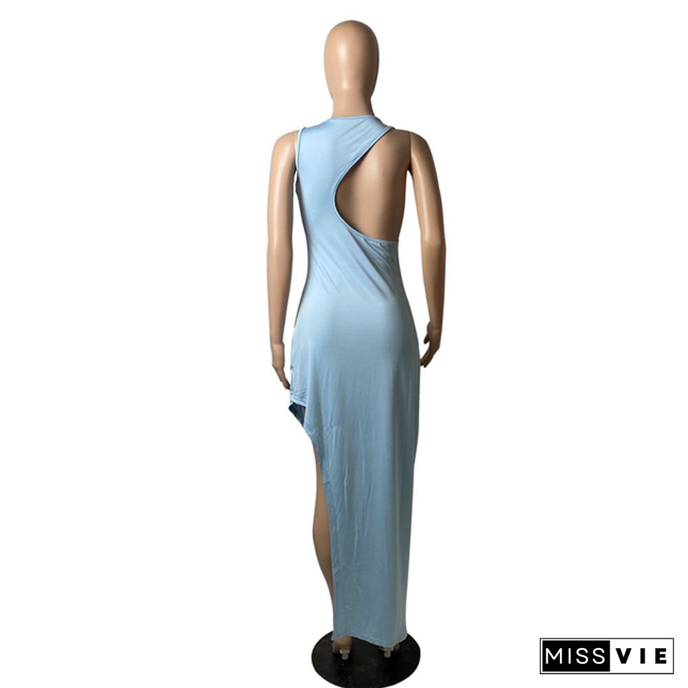 Elegant Solid Color Sleeveless Back Hollow Out Asymmetrical Splited Party Evening Maxi Long Dresses