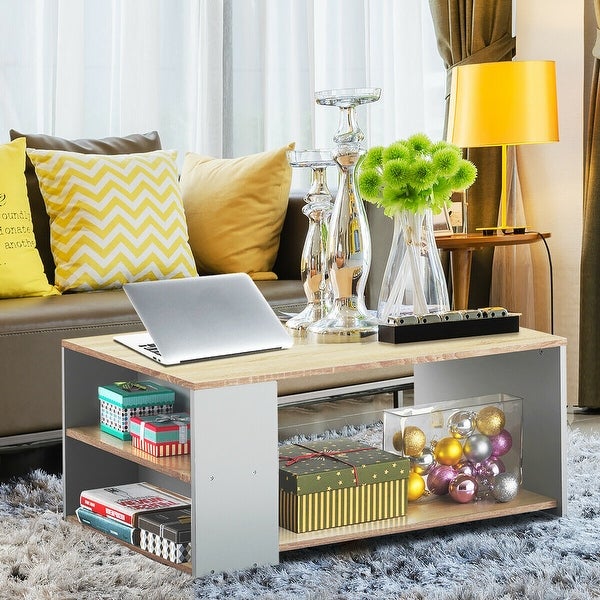 Coffee Table with 2 Storage Shelves Sofa Side Table with Stable Frame