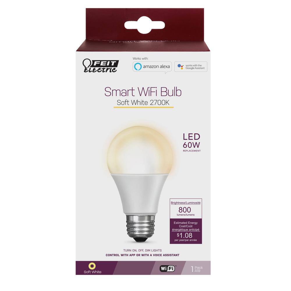 Feit Electric 60-Watt Equivalent Soft White (2700K) A19 Dimmable Wi-Fi LED Smart Light Bulb (12-Pack) A800827AG12