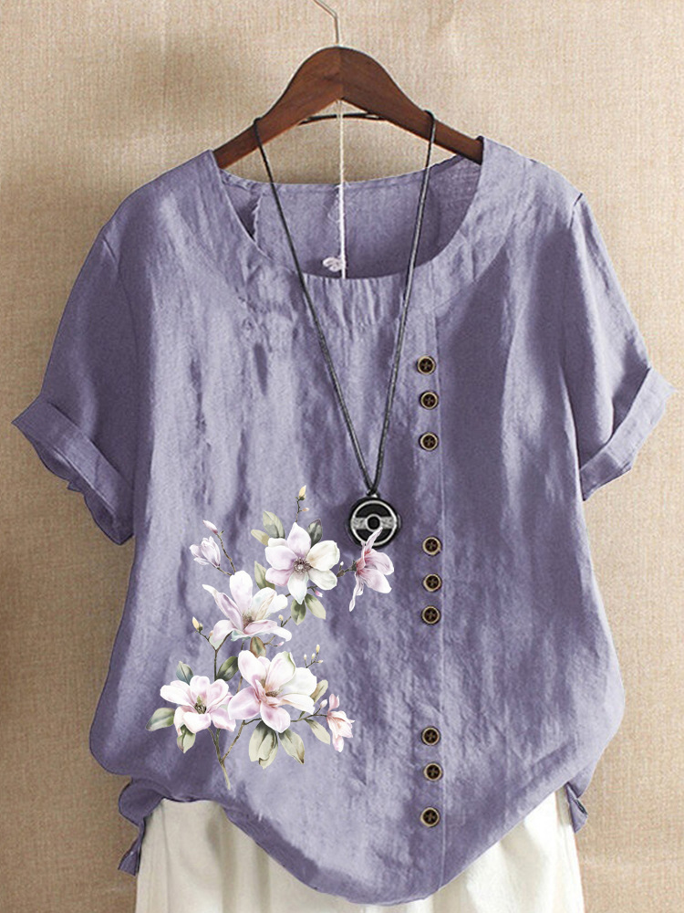 Round Neck Casual Loose Floral Print Short Sleeve Blouse