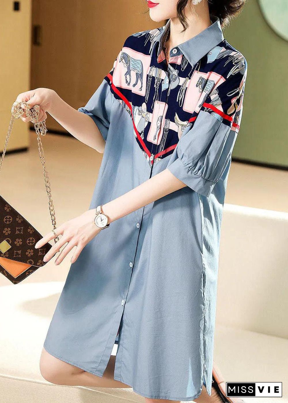 Style Blue button Peter Pan Collar print Patchwork shirt Dresses Half Sleeve