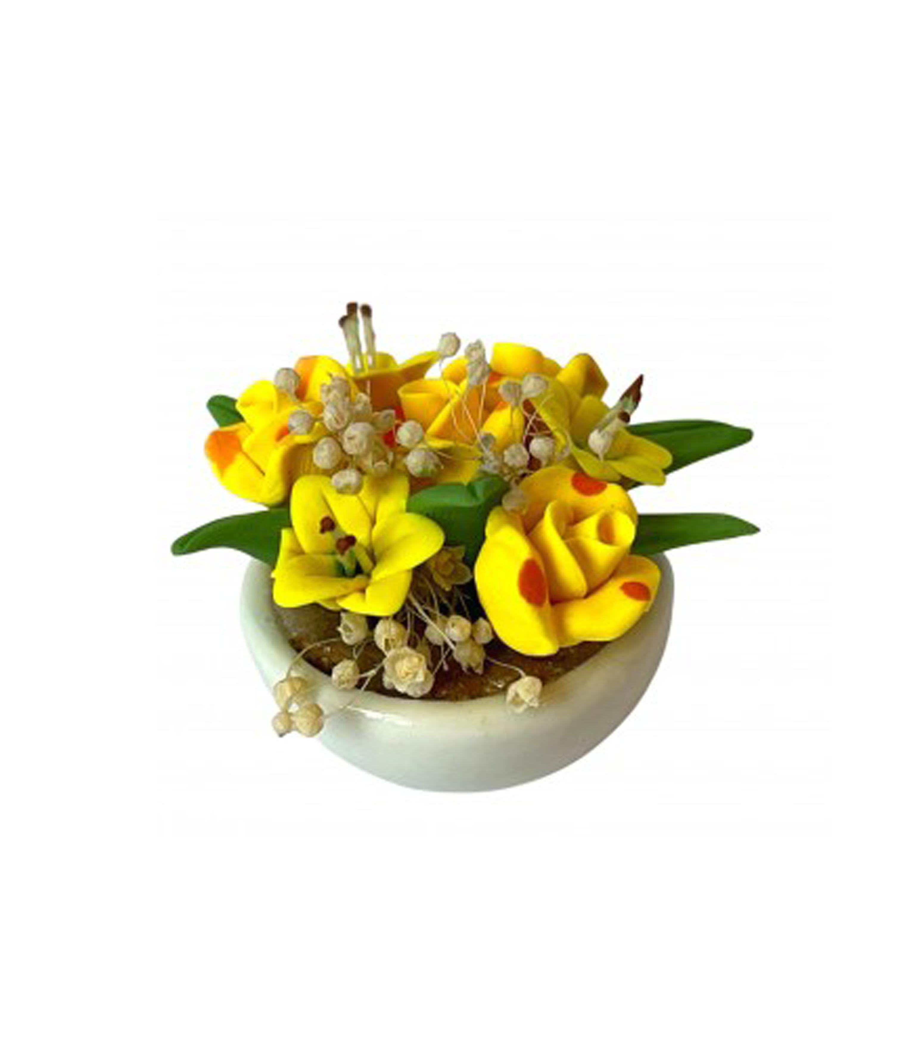 Dolls House Yellow Flowers In White Bowl Miniature Home Decor Garden Accessory