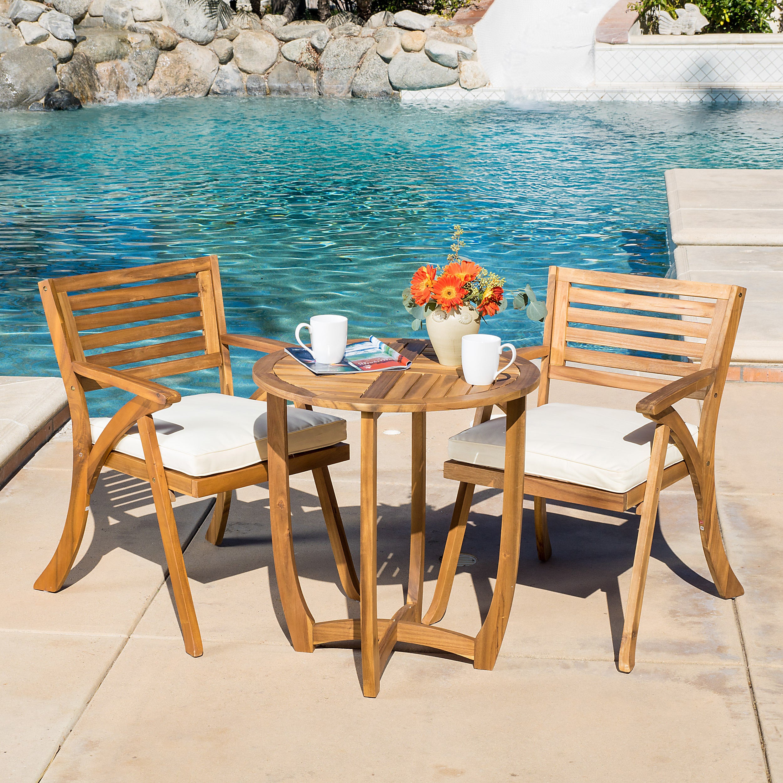 CoastSide Outdoor 3-Piece Teak Finish Acacia Wood Bistro Set with Cream Cushions