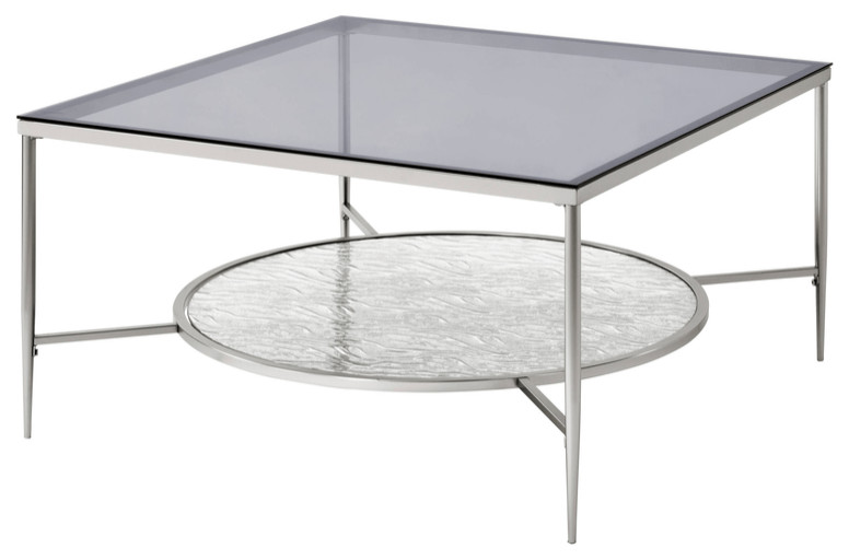 32 quotChrome And Clear Glass Square Coffee Table With Shelf   Coffee Tables   by HomeRoots  Houzz