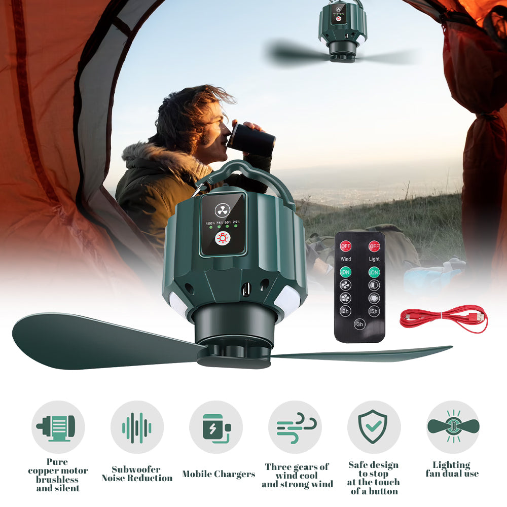 Camping Tent Fan with LED Lantern,Zengest Camp Fan Rechargeable, Powerful & Quiet, Portable Hanging Fan with Hook for Tent and Emergency