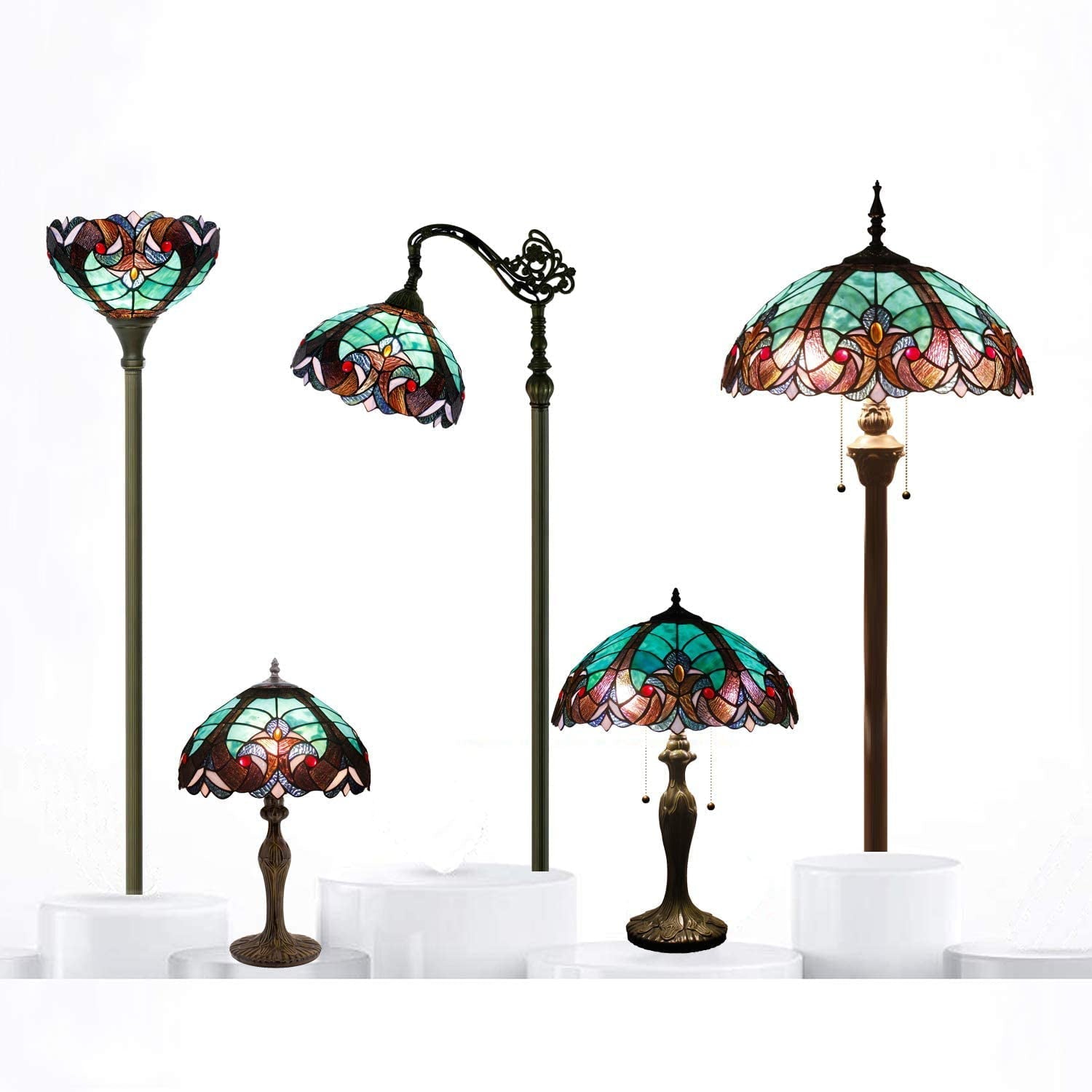 SHADY Tiffany Style Lamp Green Liaison Stained Glass Bedside Table Lamp Reading Desk Light 12X12X18 Inches Decor Nightstand Bedroom Living Room Home Office S160G Series