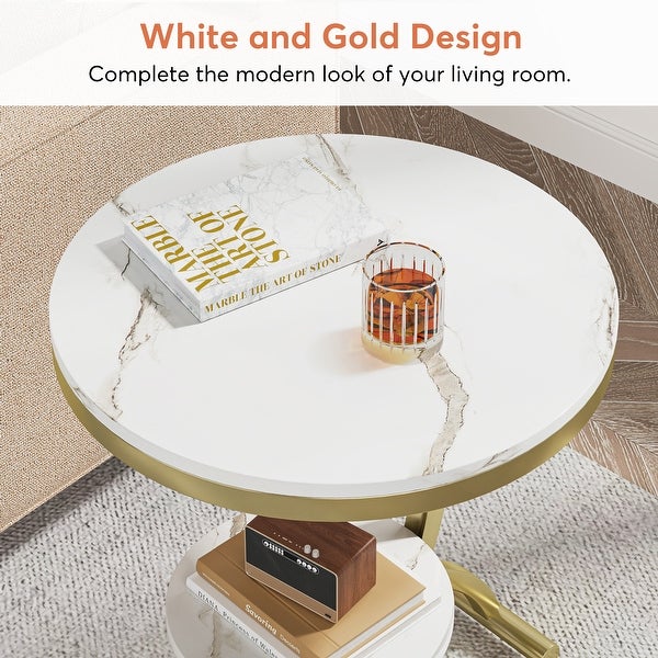 2-Tier Round Sofa Side Table， Faux Marble End Table， 20'' Beside Table with Storage Shelf，C-Shaped Base Metal Legs