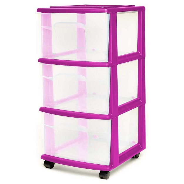 Homz Clear Plastic 3 Drawer Medium Home Organization Storage Container Tower With 3 Large Drawers And Removeable Caster Wheels Purple Frame 2 Pack